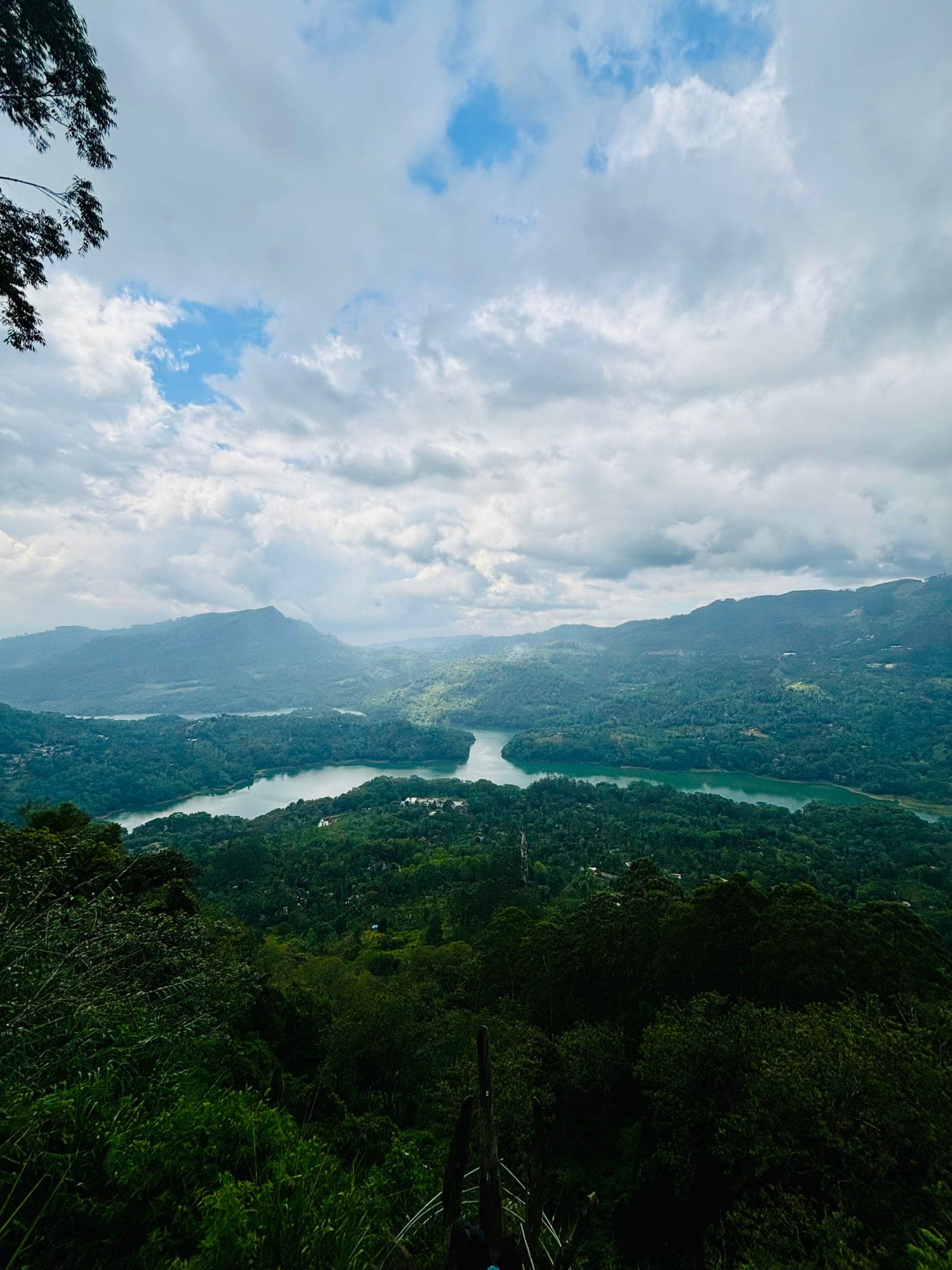 A view from a forested hilltop over a winding reservoir between green hills, under a partly cloudy sky.